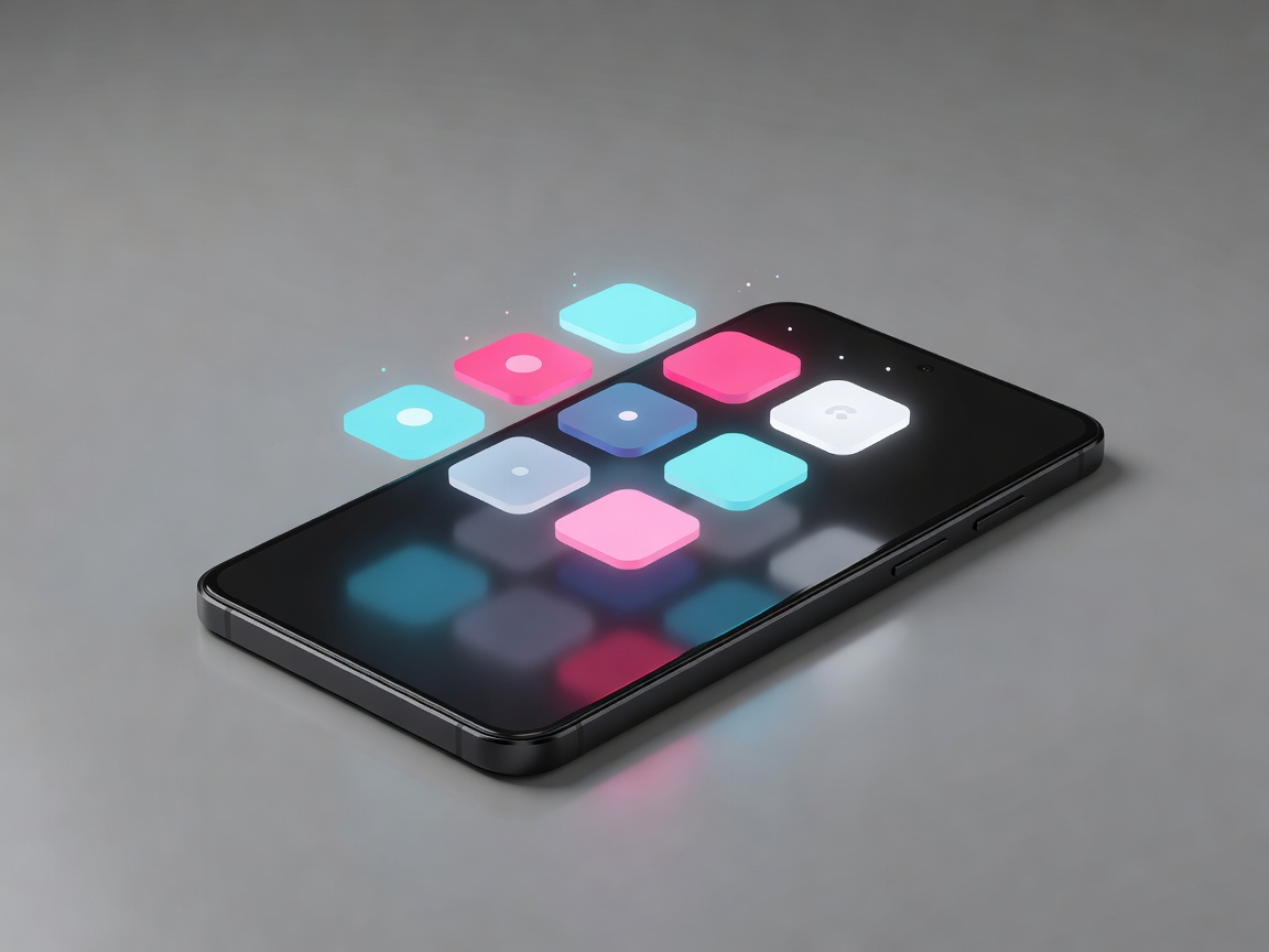3D-Rendering eines generischen Android-Handys mit abstrakten, quadratischen Schnelleinstellungs-Kacheln, die über dem Bildschirm schweben