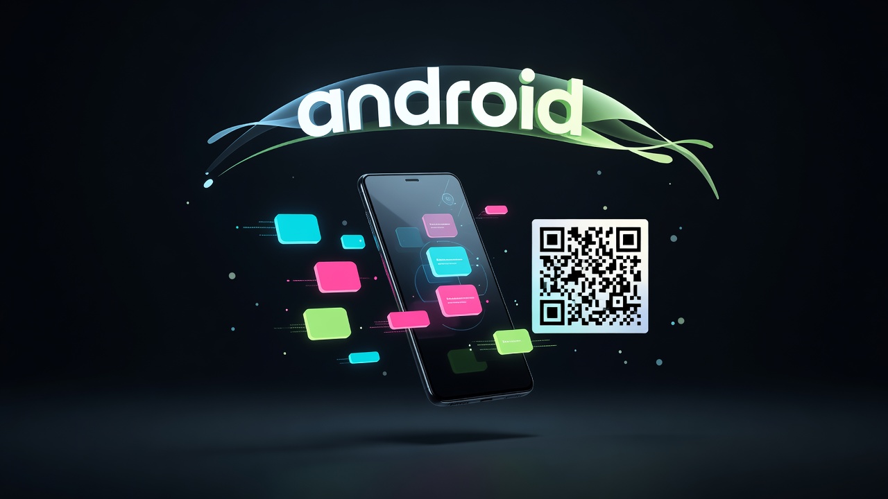 Wide 3D render of a generic Android phone with abstract settings tiles and a QR code floating beside it