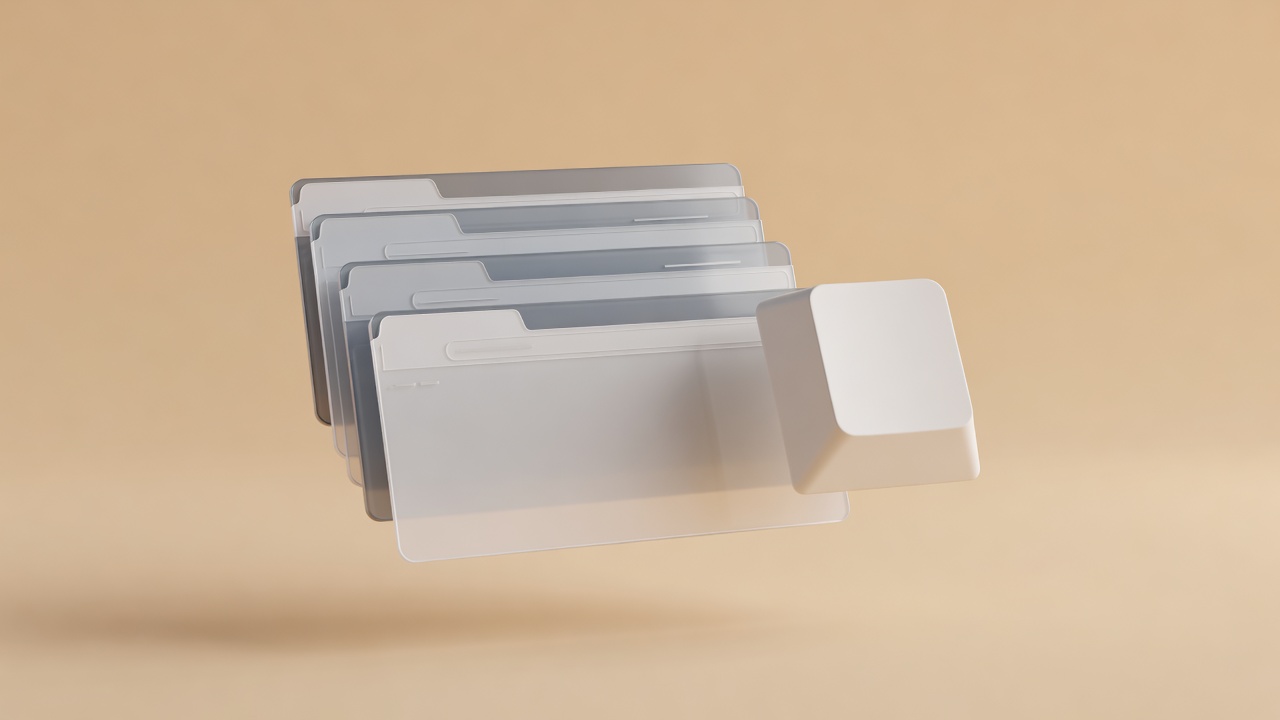 Wide 3D render of stacked browser tabs and an oversized keyboard key floating on a plain warm background