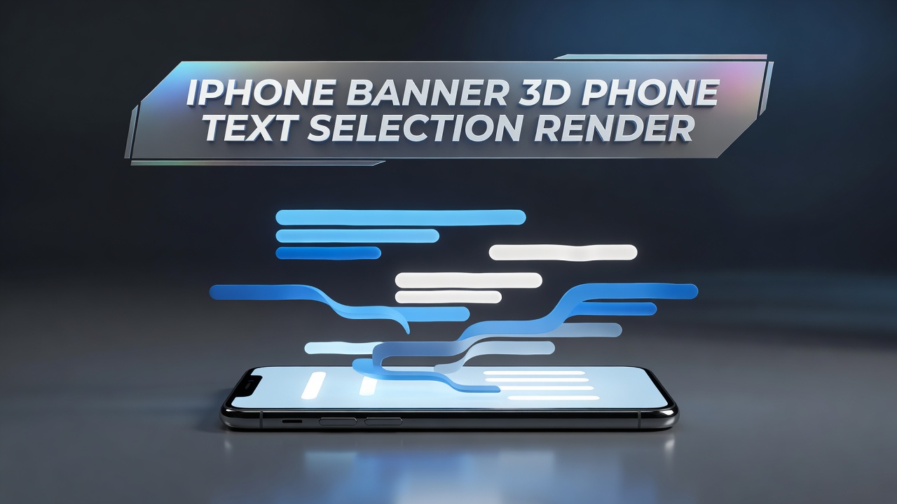 Wide 3D render of a generic smartphone with abstract highlighted text blocks lifting off its screen