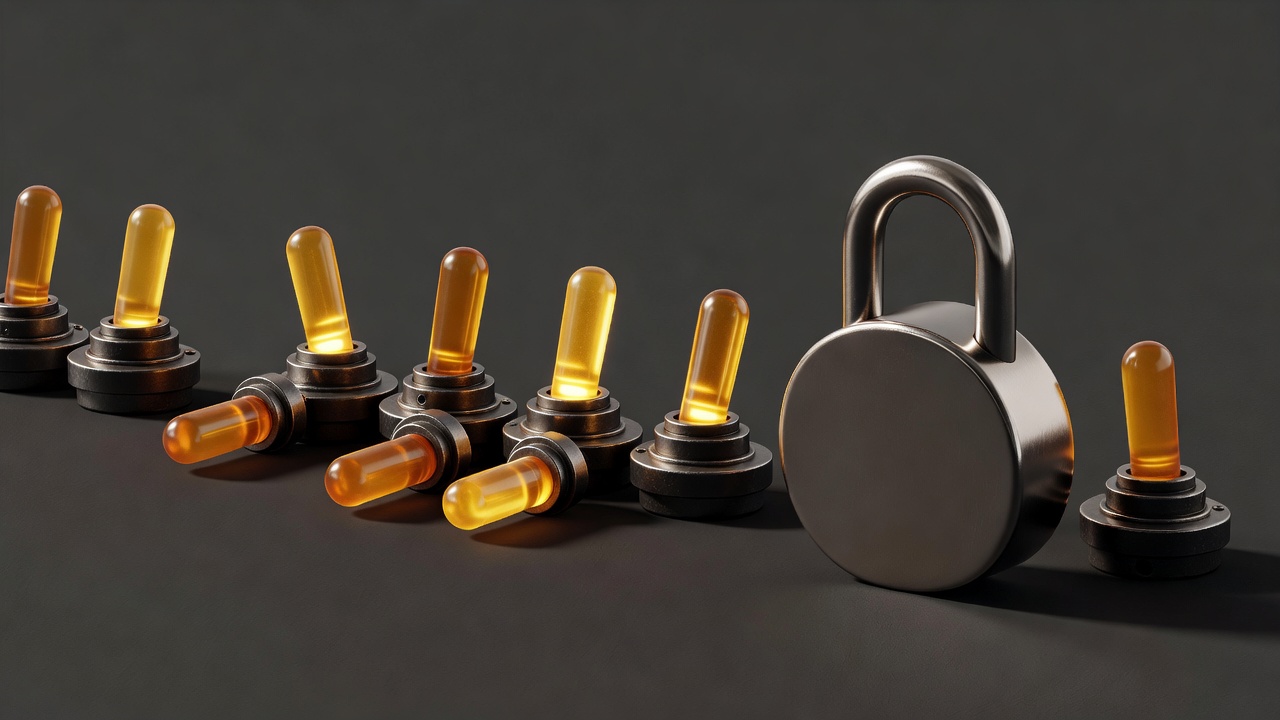 Wide 3D render of amber toggle switches and a rounded padlock on a plain dark background