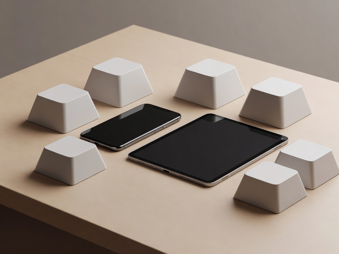 3D-Render eines generischen Telefons, Tablets und übergroßer Tastenkappen auf einer schlichten, warmen Fläche